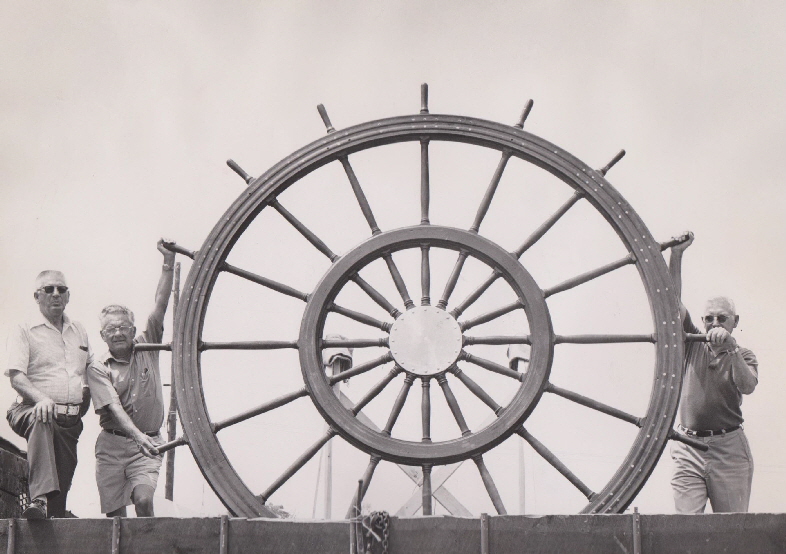 10 ft. wheel off the O.F. Shearer Tug Boat. Dismantled in 1952. Built in 1919. Jim, Oliver and Burt Shearer